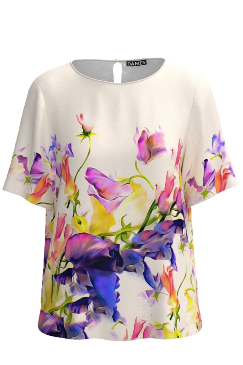 Bluza ivory cu maneca scurta imprimata multicolor CMD4765 - Img 2