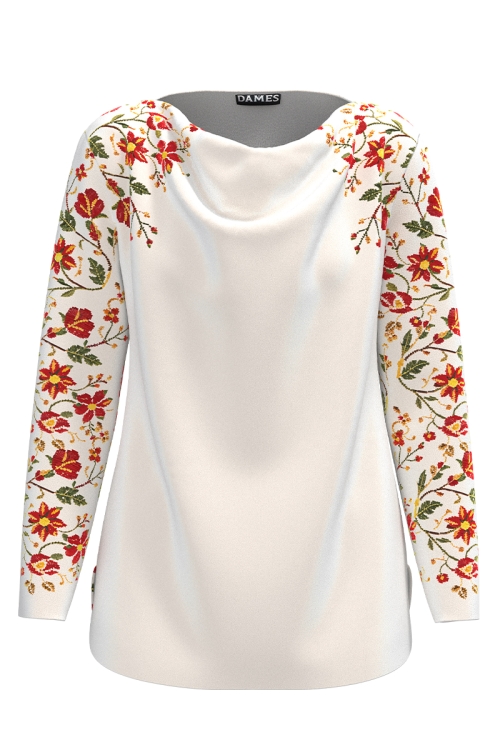 Bluza ivory din catifea cu motive traditionale florale