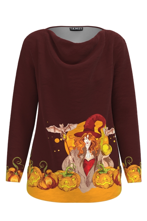 Bluza maro din catifea cu imprimeu Witch