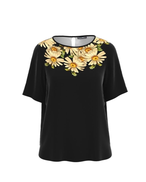 Bluza neagra de vara cu maneca scurta si imprimeu Margarete CMD1001