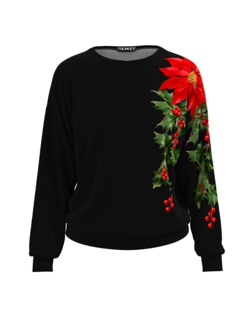 Bluza neagra tip hanorac din catifea cu imprimeu Poinsettia CMD4951