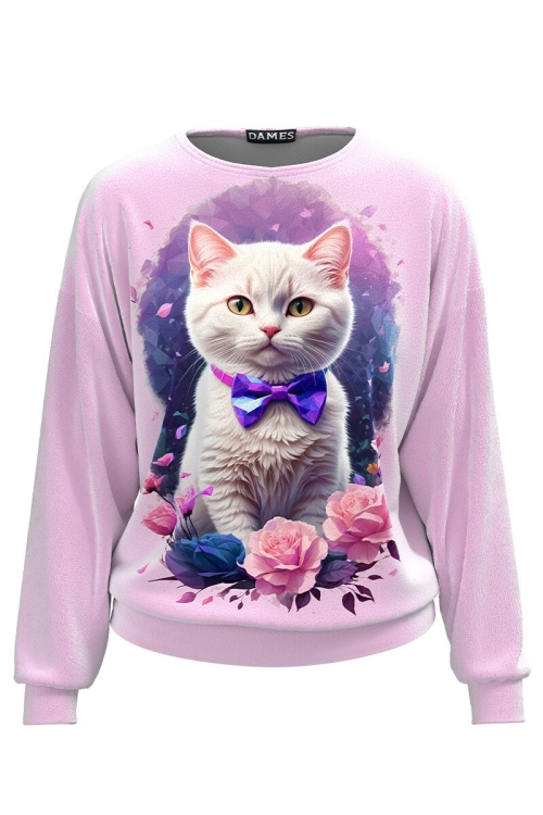 Bluza roz tip hanorac din catifea cu imprimeu Pisica CMD4980 - Img 2