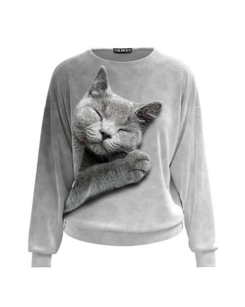 Bluza tip hanorac din catifea cu imprimeu Pisica CMD3795