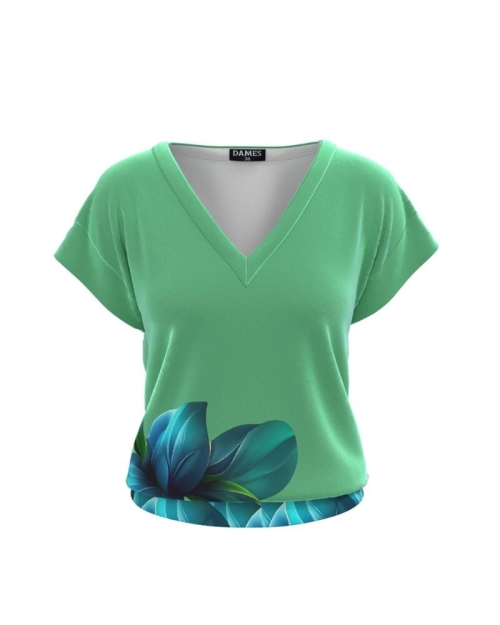 Bluza verde din catifea cu decolteu in V imprimata floral AW24
