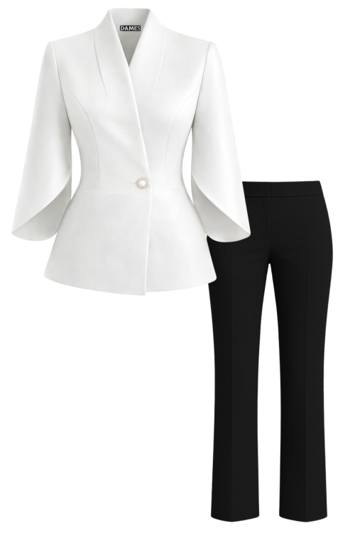 Costum elegant cu sacou alb si pantalon drept negru