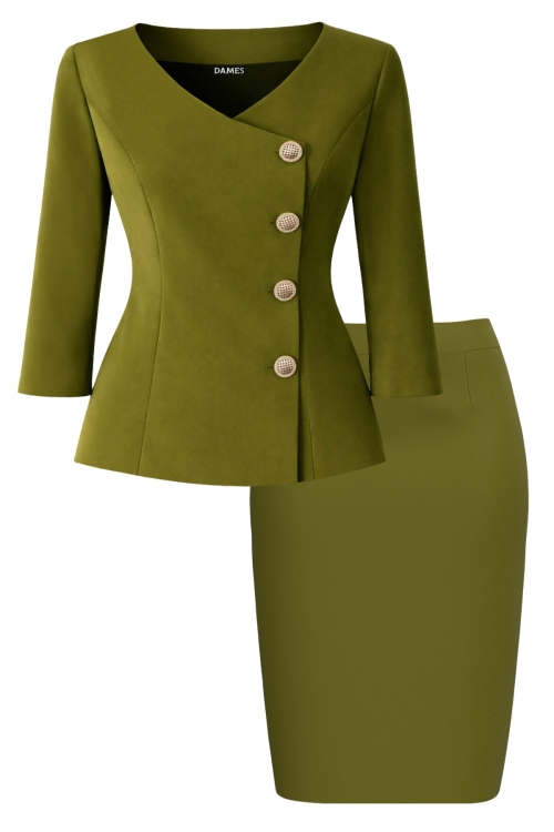 Costum elegant sacou cu decolteu inima si fusta conica verde oliva