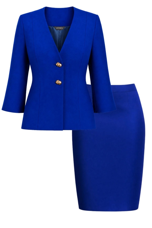 Costum elegant sacou cu maneca trei sferturi si fusta conica albastru Tivoli