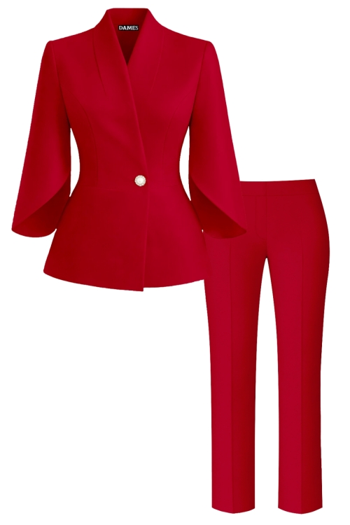 Costum elegant sacou cu maneci asimetrice si pantalon drept Rosu