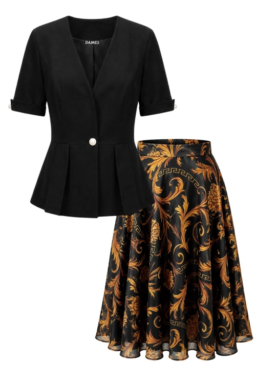 Costum elegant sacou cu nasturi bijuterie si fusta clos din organza imprimata baroc