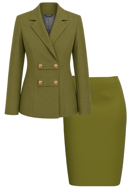 Costum elegant verde oliva cu sacou military si fusta conica