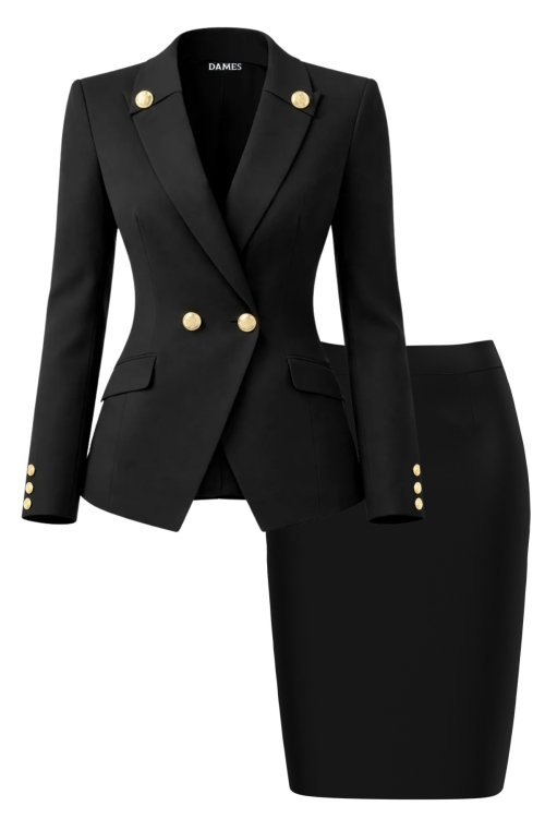 Costum negru premium fusta si sacou cu nasturi aurii