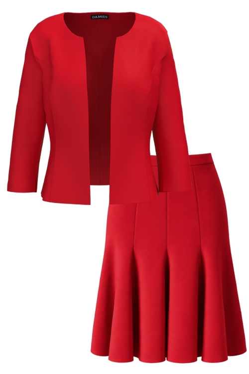 Costum rosu cu fusta in clini si sacou elegant cambrat