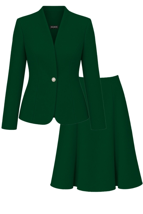 Costum verde cu sacou cambrat si fusta in clini din stofa groasa Noemi