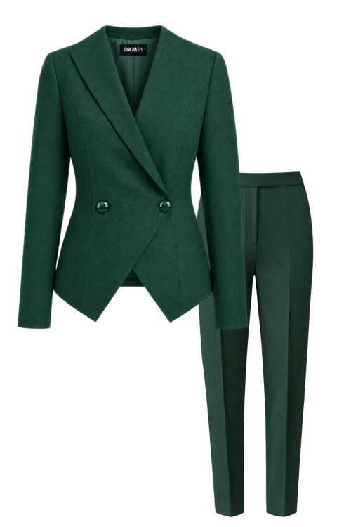 Costum verde din stofa fina Valeria sacou cu rever asimetric si pantalon conic