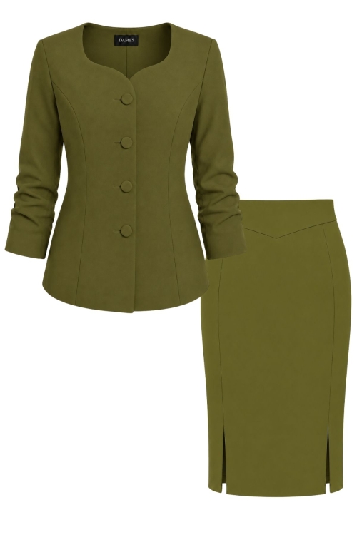 Costum verde oliva elegant sacou decolteu inima si fusta conica cu bata in V