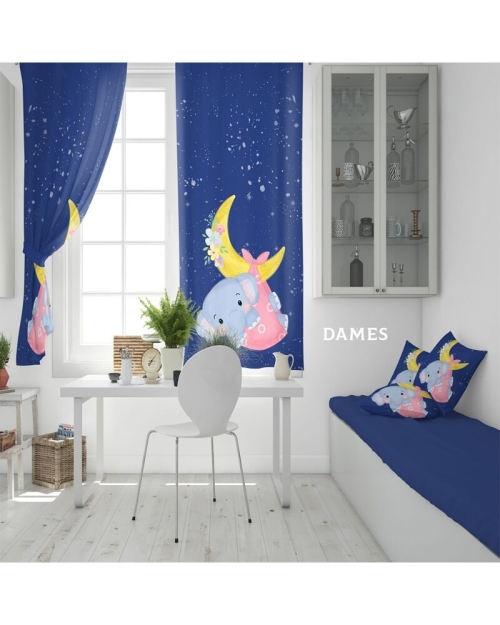 Draperie camera copii albastra din satin imprimata cu model Elefant CMD2001 - Img 1