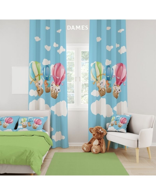 Draperie camera copii bleu din satin imprimata cu model Lumea copiilor CMD2011 - Img 1