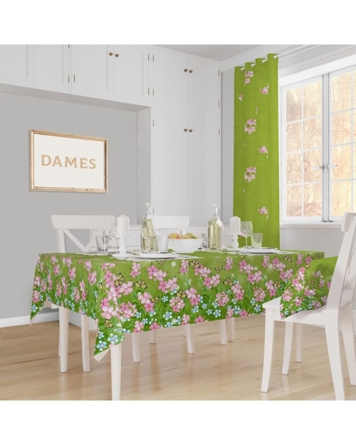 Fata de masa verde din satin imprimat cu model floral CMD2511 - Img 1