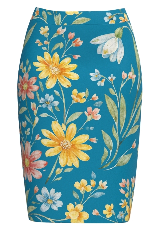 Fusta conica bleu imprimata floral