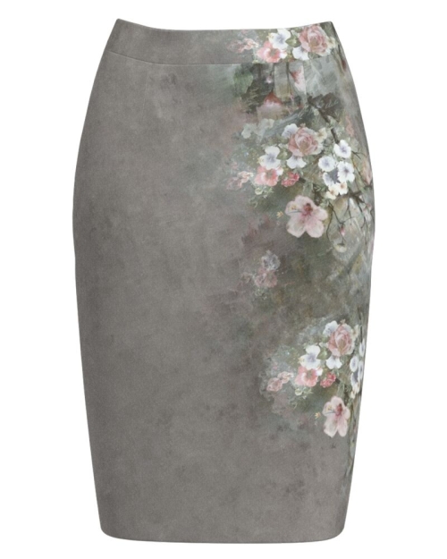Fusta conica groasa gri imprimata cu model floral CMD3268