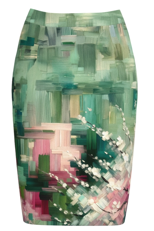 Fusta conica in nuante de verde imprimata floral SS25