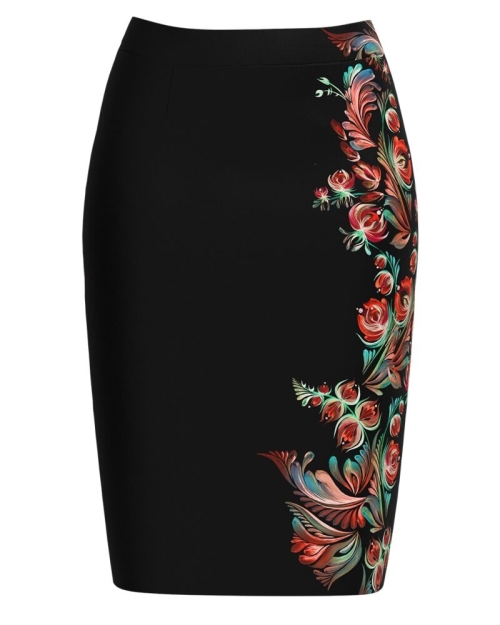 Fusta conica neagra imprimata cu model floral CMD3831