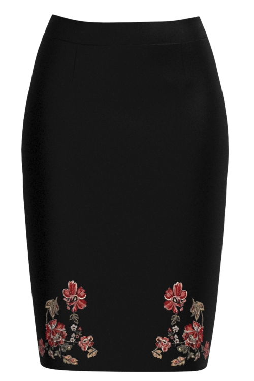 Fusta conica neagra imprimata etnic floral SS25