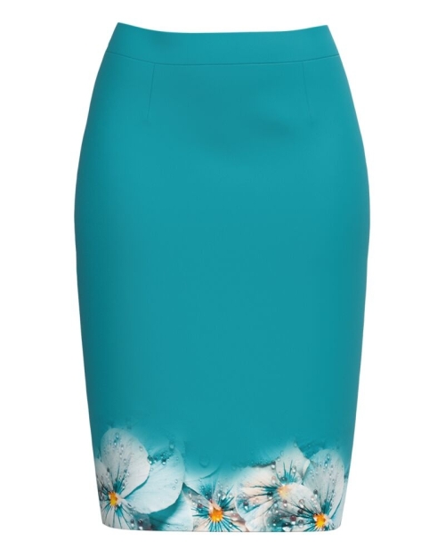 Fusta conica turcoaz imprimata cu model floral CMD2756