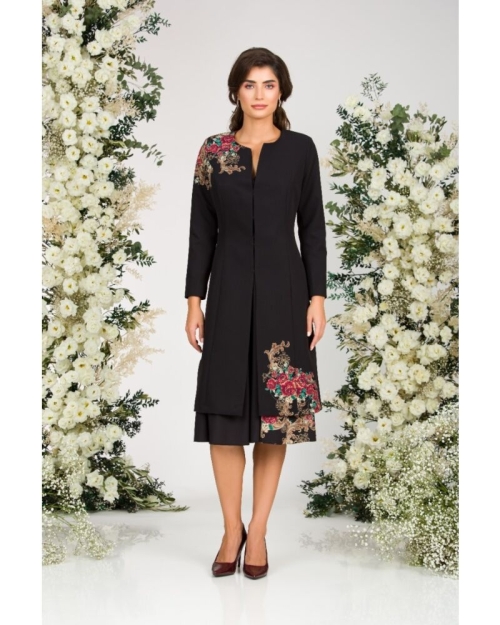 Jacheta de dama lunga neagra imprimata cu model floral CMD1168 - Img 1