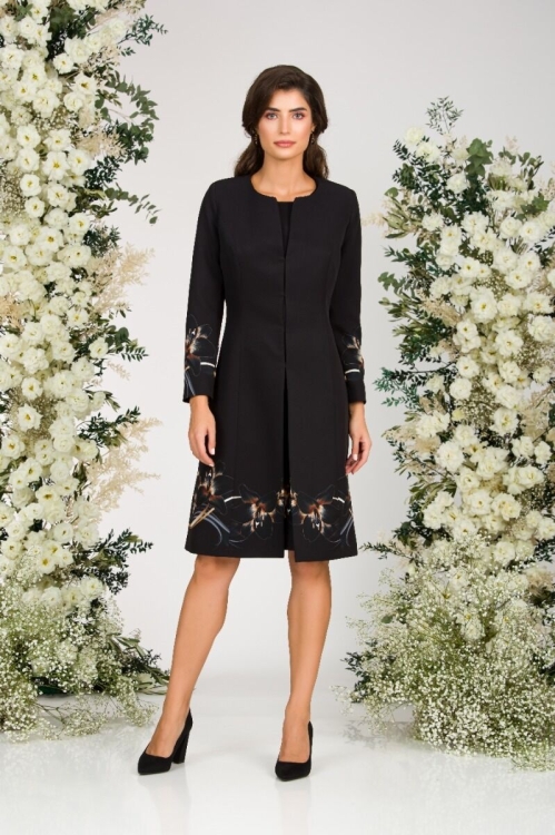 Jacheta de dama lunga, neagra imprimata cu model floral crini CMD1170 - Img 7