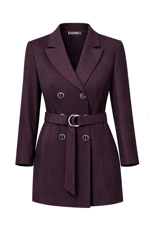 Pardesiu scurt elegant violet inchis cu revere si cordon in talie