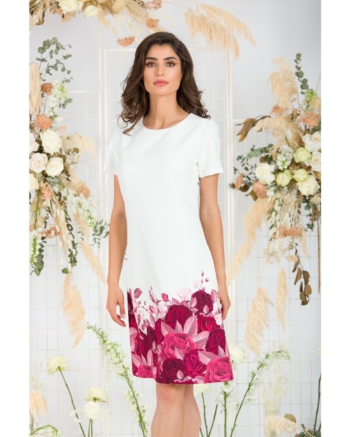 Rochie alba casual cu maneca scurta imprimata Trandafiri CMD743 - Img 6