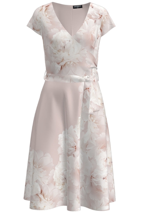 Rochie bej casual de vara cu maneca scurta imprimata cu model bujori CMD2805