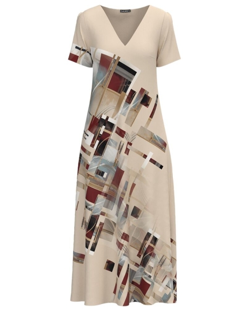 Rochie bej de vara lunga cu buzunare imprimata cu model grafic SS24 - Img 1