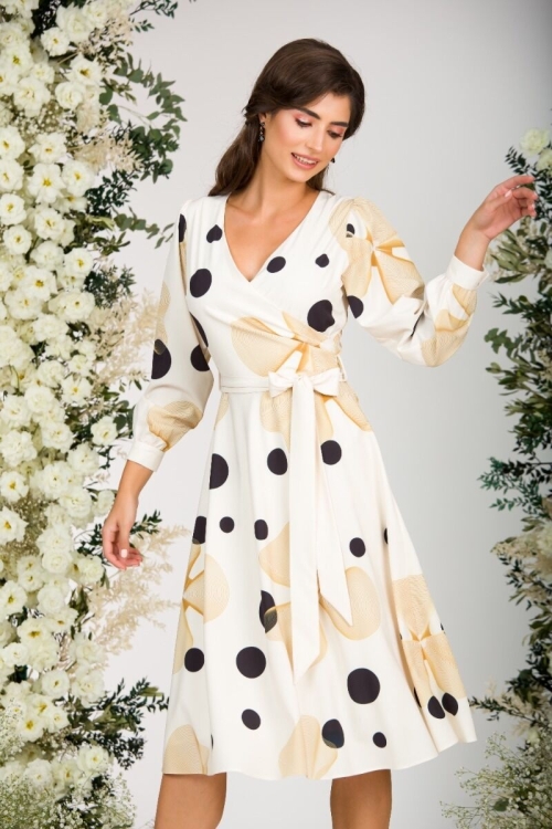 Rochie bej eleganta cu maneca lunga imprimata cu model Abstract CMD2937 - Img 6