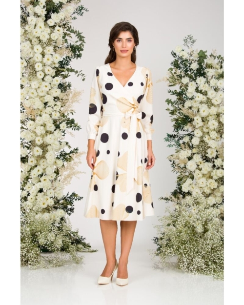 Rochie bej eleganta cu maneca lunga imprimata cu model Abstract CMD2937 - Img 4
