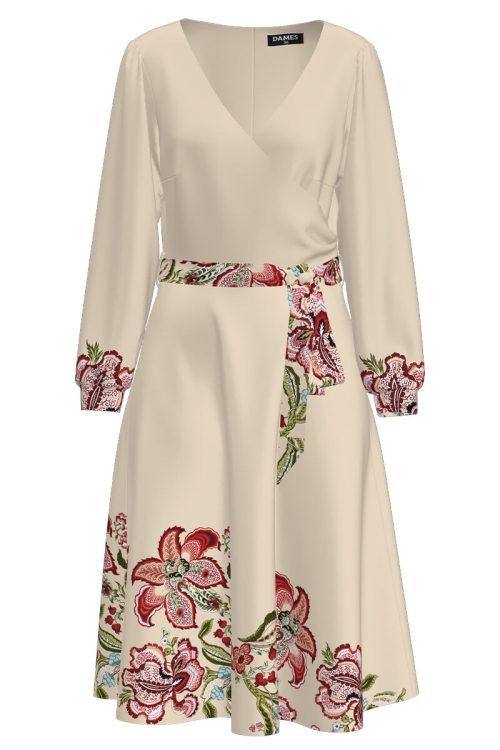 Rochie bej eleganta cu maneca lunga imprimata floral CMD1527 - Img 2