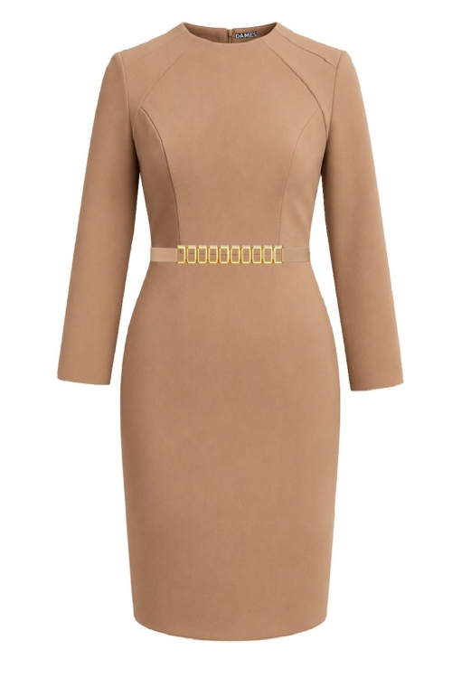 Rochie bej Tivoli cambrata cu maneca lunga si trim detasabil