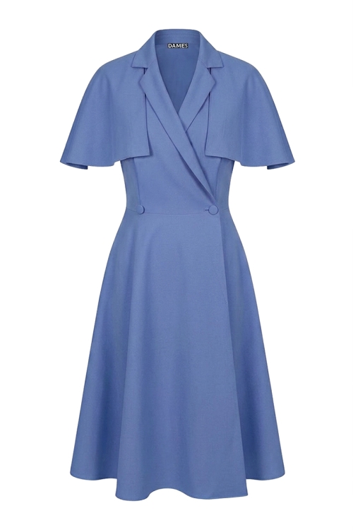 Rochie bleu cu pelerina detasabila si bust petrecut