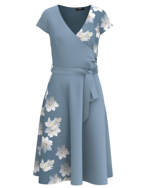 Rochie bleu de vara cu maneca scurta imprimata Nuferi
