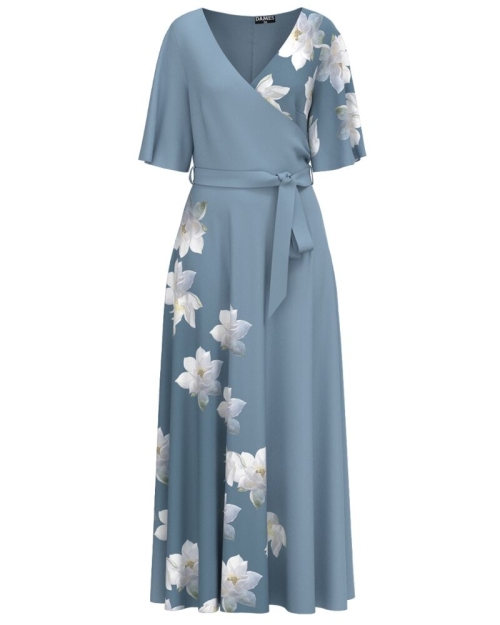 Rochie bleu lunga eleganta de seara imprimata cu model nuferi CMD2635 - Img 1