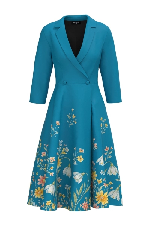 Rochie bleu tip pardesiu petrecuta cu imprimeu floral Stoc