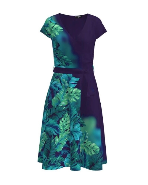 Rochie bleumarin casual de vara cu maneca scurta imprimata cu model tropical CMD2785