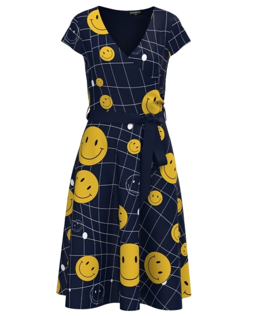 Rochie bleumarin de vara cu maneca scurta imprimata Emoji - Img 1