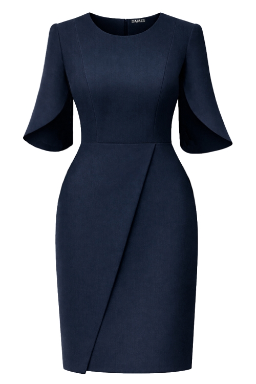 Rochie bleumarin eleganta cu maneci asimetrice si fusta tip lalea