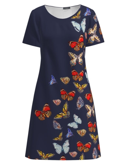 Rochie bleumarin evazata imprimata cu model Fluturi CMD2645