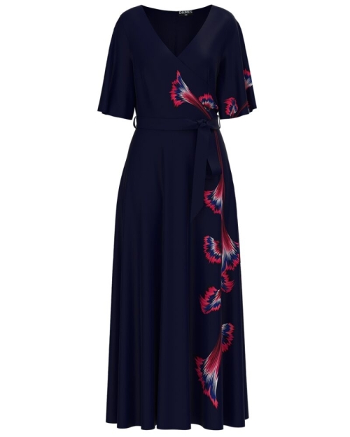 Rochie bleumarin lunga eleganta de seara imprimata cu model floral CMD2583