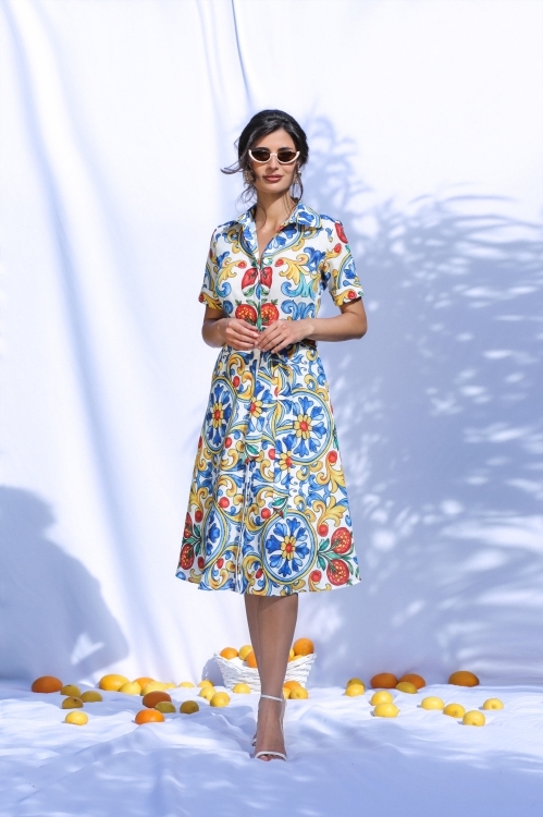 Rochie camasa din in cu maneca scurta imprimata cu model floral multicolor - Img 3