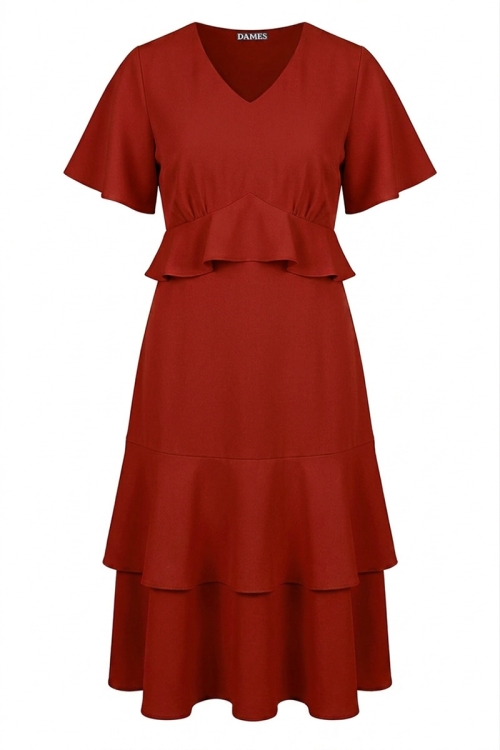 Rochie caramiziu din crepe cu volane