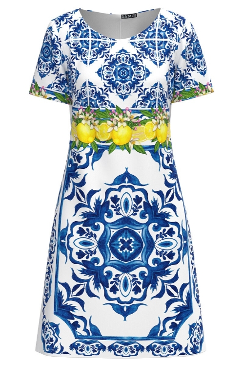 Rochie casual alba imprimata cu lamai si model floral albastru CMD3100 - Img 2
